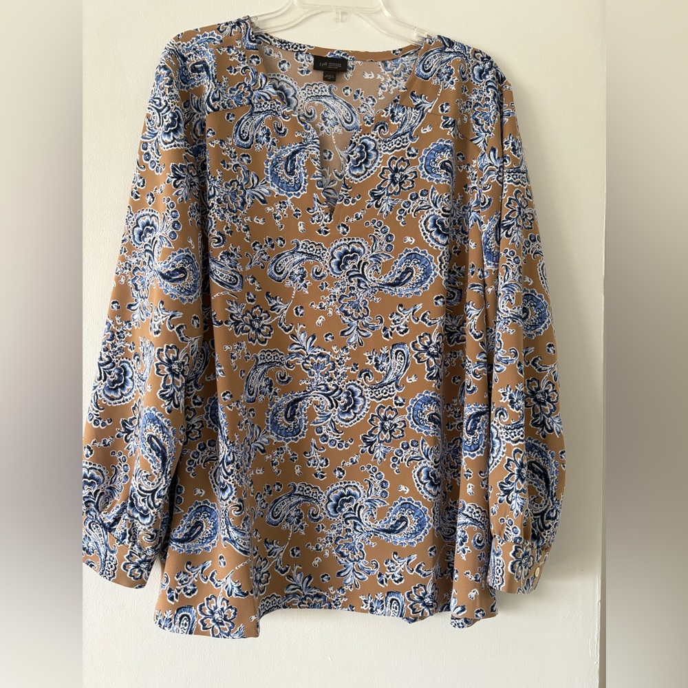 J. Jill 2X Tan and Blue Paisley Popover Blouse, Wearever Collection
